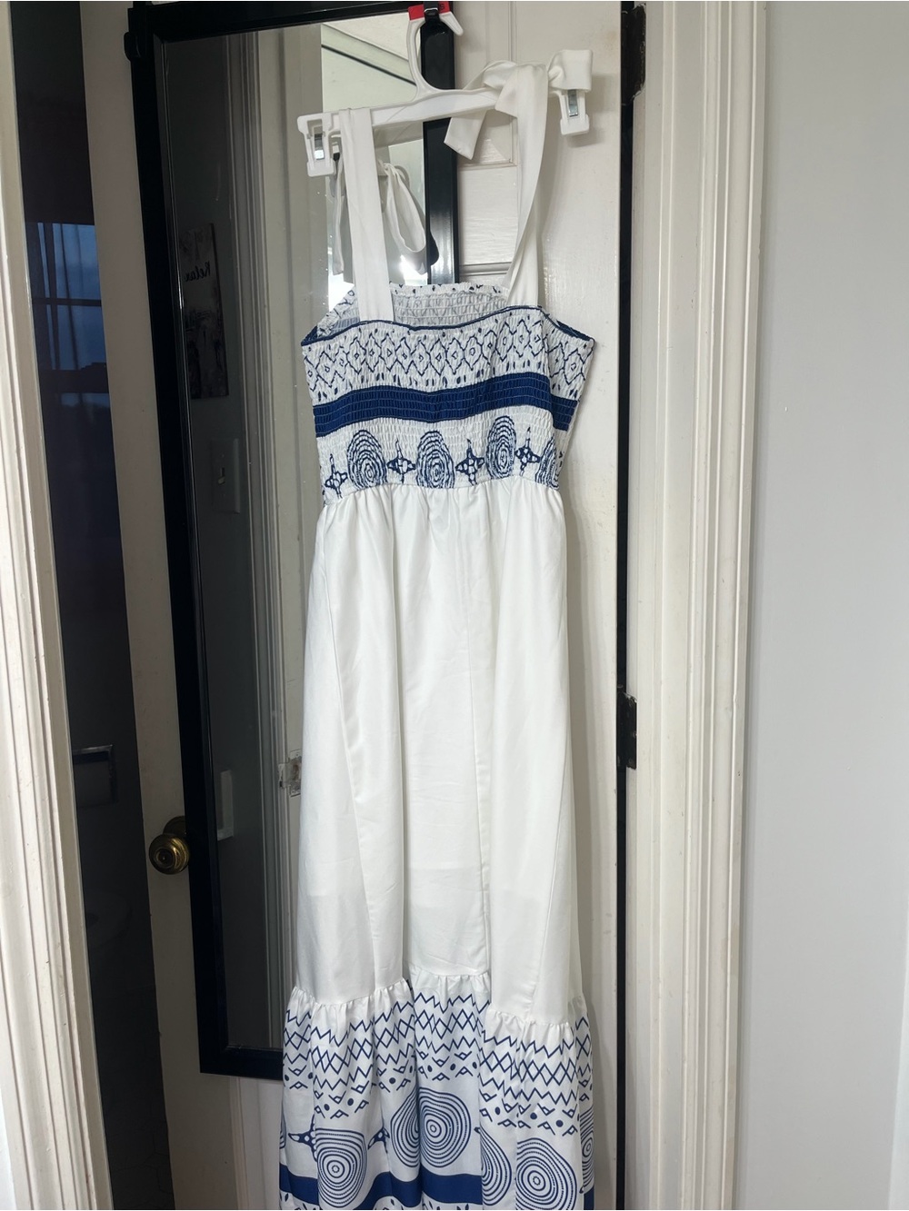 White Maxi Dress with Navy Embroidered Bodice and Hem